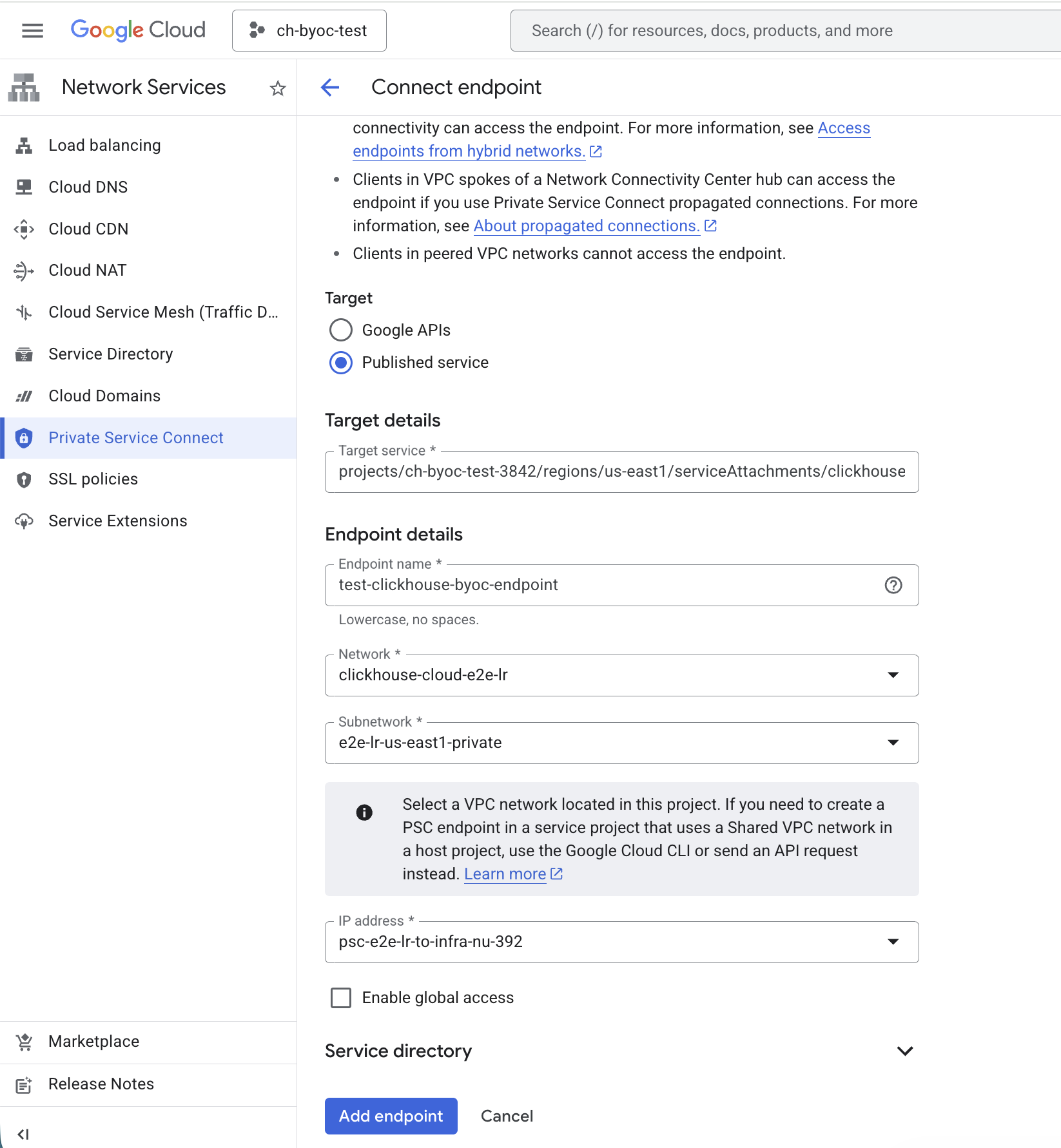 BYOC PSC endpoint creation