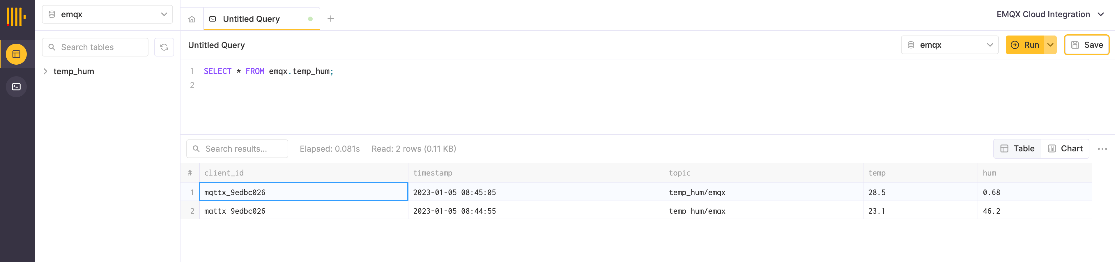 ClickHouse 쿼리 결과에 영구 저장된 IoT 데이터가 표시된 화면