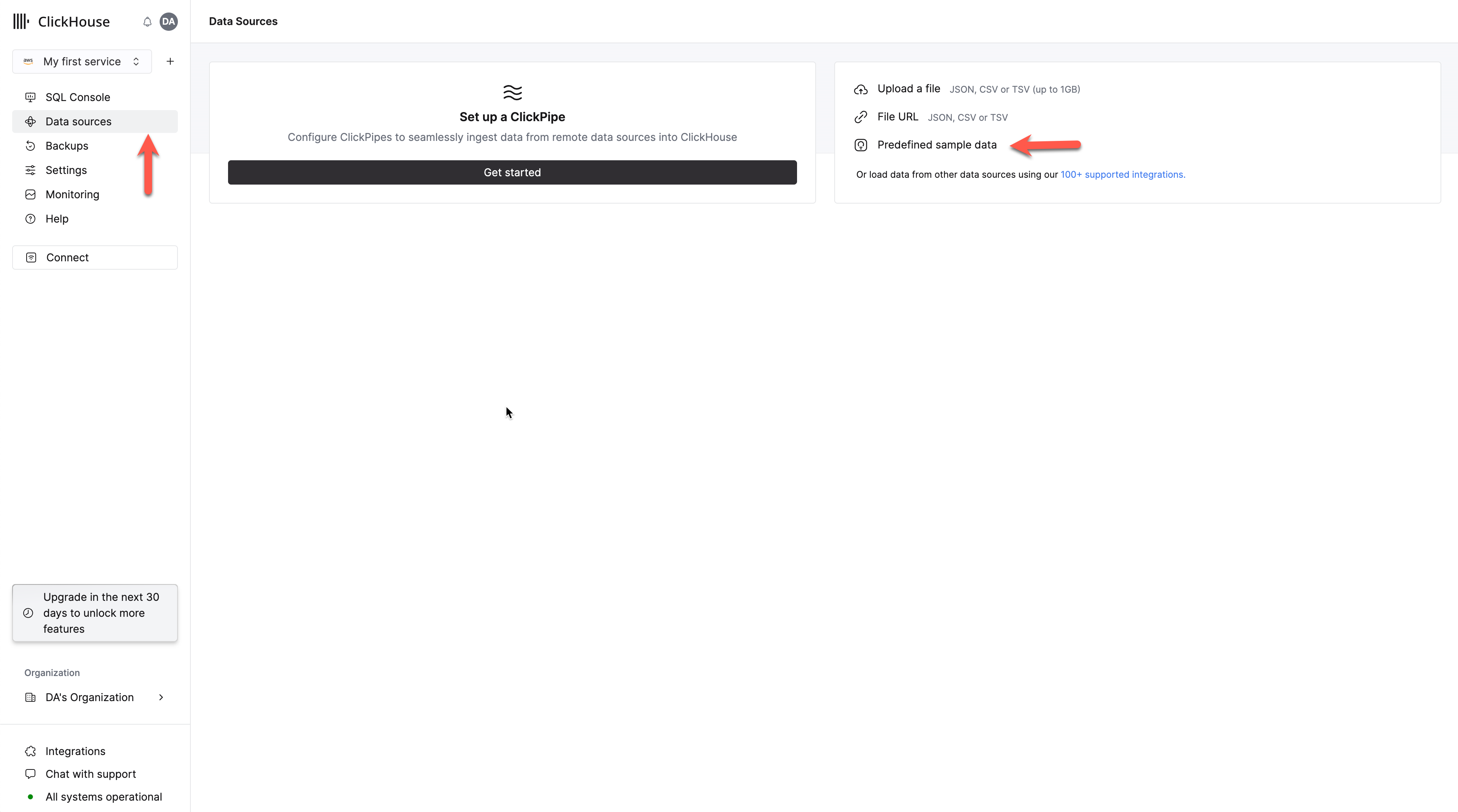 Data sources와 Predefined sample data 옵션이 표시된 ClickHouse Cloud 서비스 Actions 메뉴