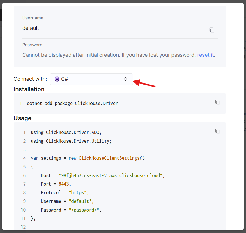 ClickHouse Cloud C# 연결 정보