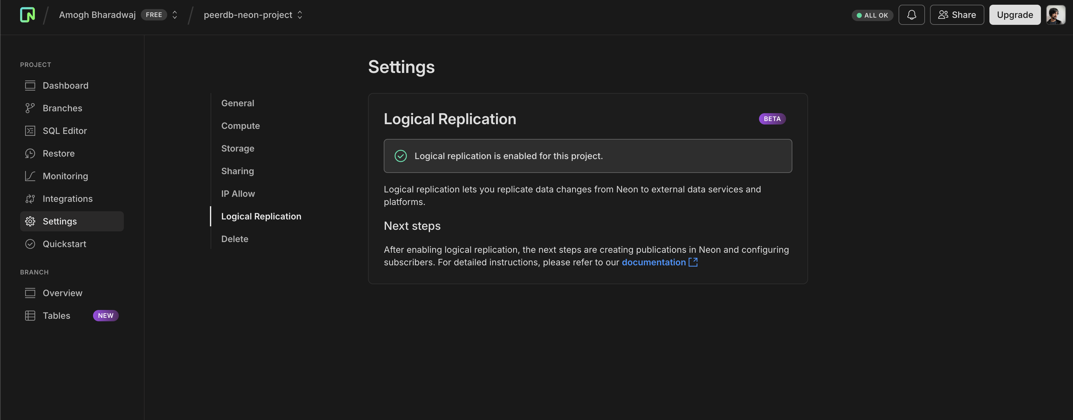 논리 복제 활성화 완료