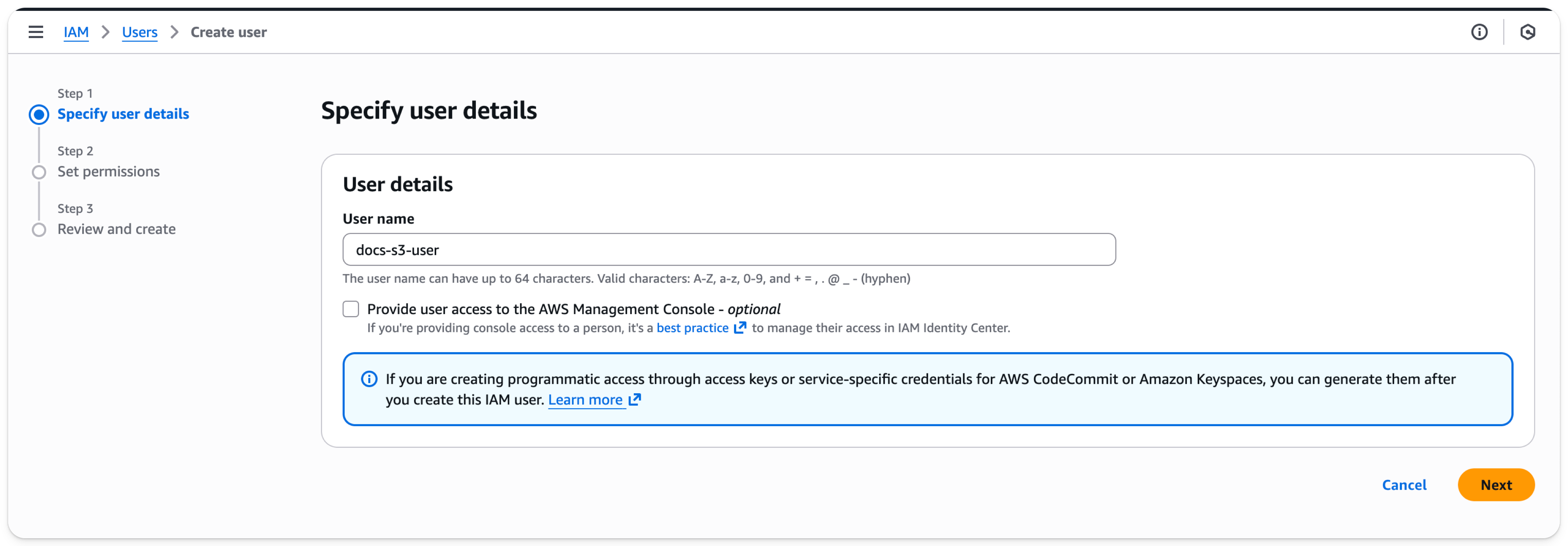 AWS IAM 관리 콘솔 - 새 사용자 추가