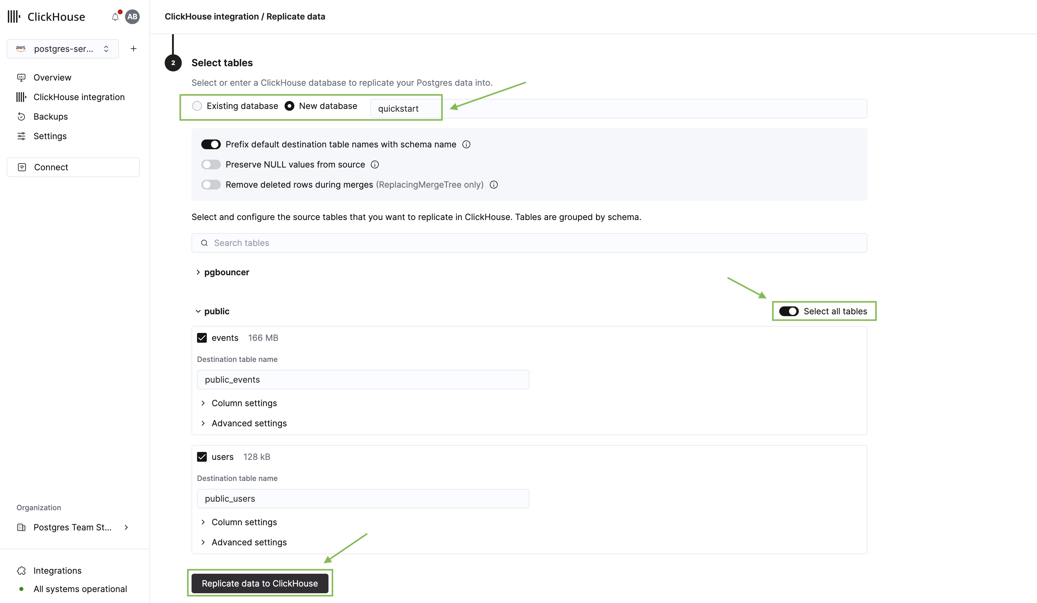 Managed Postgres table picker